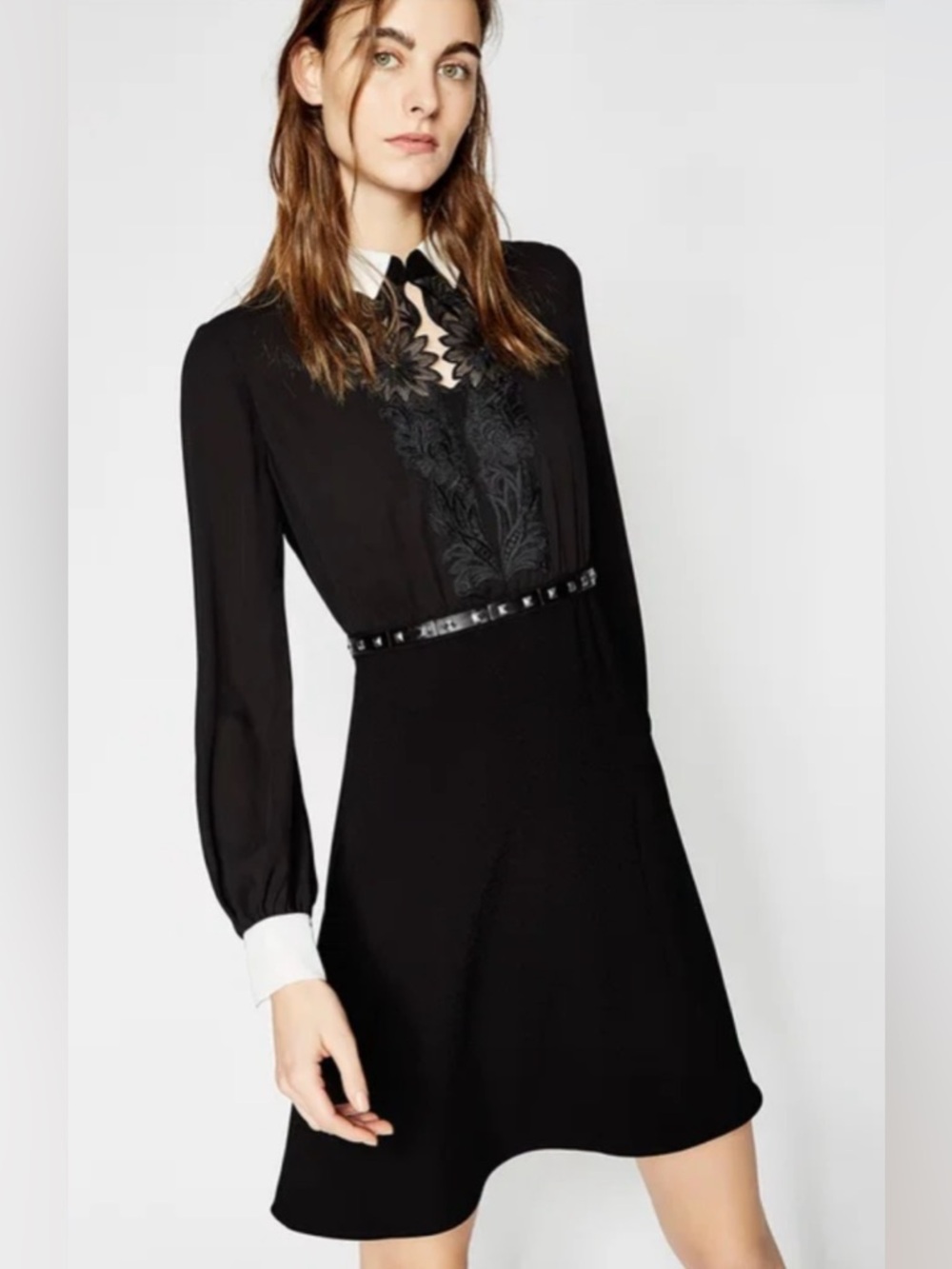 The KOOPLES $295 NWT Romantic Crepe Lace Studded Belt Black Mini Dress, Size M